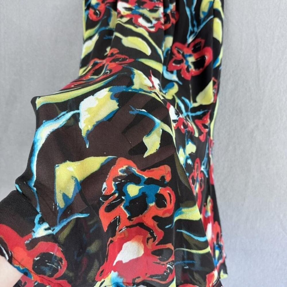 Chico's Silk Skirt Womens 2 Black Floral Lined Sheer Midi‎ Love Holidays Flaws - Picture 7 of 14